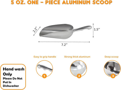 Cast Aluminum Utility Scoop - 5-Ounce Round Bottom Small Ice Scoop for Multi-Purpose Use, Hand Wash Only