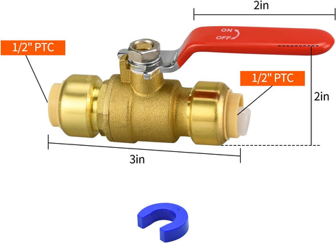 Push Fit Ball Valve, 2 Pack 1/2" Push-Fit Full Port Ball Valve with Disconnect Clip for Water Shut Off
