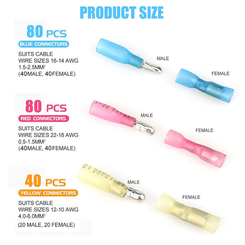 200PCS Heat Shrink Bullet Connectors, Automotive Female & Male Connectors Bullet Terminals,Insulated Waterproof Marine Electrical Wire Splice Crimp Connectors Kit (12-10AWG,14-16AWG,18-22AWG)