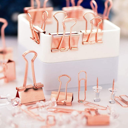 Paper Clips and Binder Clips Set, Metal Assorted Sized Binders with Push Pins, Cute Rosegold Office Supplies for Desk,