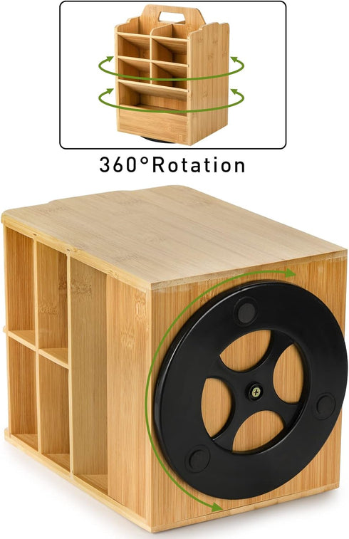 SOUJOY Bamboo Pen Holder Organizer, 360° Rotating Art Supply Storage Caddy for 400+ Pencils, 15 Compartments