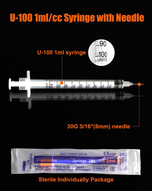 1ml 30G 5/16" 8mm U-100 20 Pack Syringe, Lab Supplies, Individually Wrapped