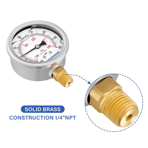 MEASUREMAN 2-1/2" Dial Glycerin Filled Pressure Gauge, 30inHG-60psi, 304 Stainless Steel Case