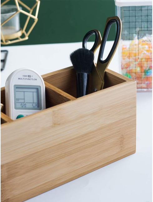Bamboo Wood Pens and Pencils Holder Cup, Multiuse Desktop Storage with 3 Compartments for Office