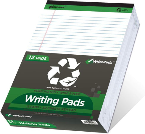 KAISA Legal Pads Writing Pads, Recycled Paper, 8.5"x11.75" Wide Ruled, 50 Sheets, Pack of 12 Pads, KSU-5293
