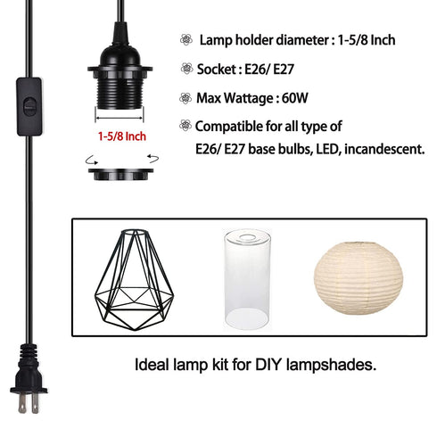 2-Pack 15 E26 E27 HESSION Feet Plug in Pendant Light, Black Extension Hanging Lantern Cord Cable with in-Line On/Off