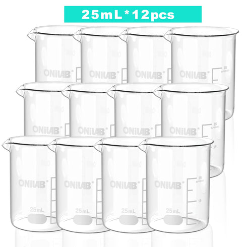 ONiLAB 12pcs of Glass Beakers Shot Glass, Vol.25ml, 3.3 Borosilicate Griffin Low Form with Printed Graduation 13900253