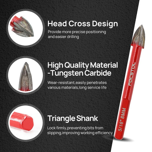FOCSTOL 5pcs Masonry Concrete Drill Bit Set, 8mm Carbide Bits with Triangle Shank for Wood, Plastic, Foam