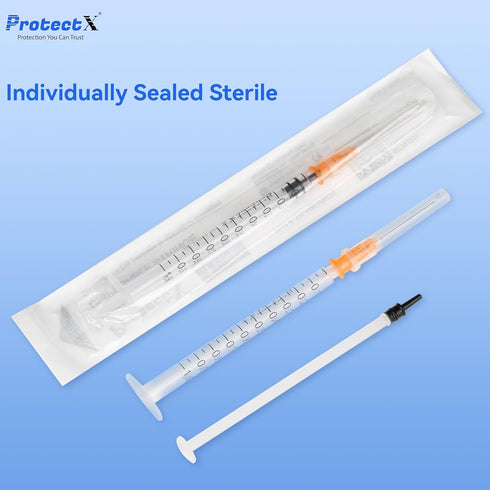 ProtectX 50 Pack 1ml/cc Syringe with 25G 1 Inch Needle, Disposable Syringe for Scientific Labs