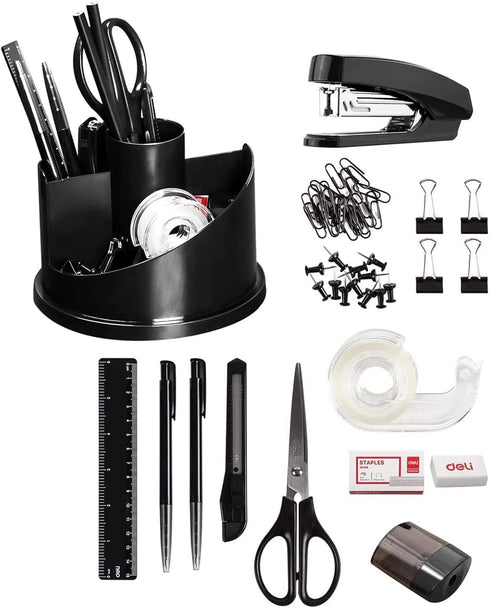 deli 15 Pcs Office Supplies Kit, Desk Accessories Set with Organizer, Staple, Sharpener, Scissors, Binder Clips