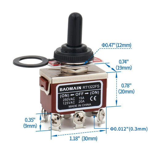Baomain Momentary Toggle Switch DPDT (ON)-Off-(ON) 3 Position with Rainproof Cap, 1 PCS