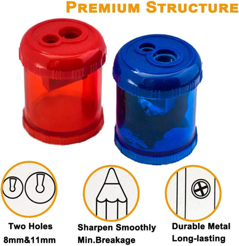 Manual Pencil Sharpener Dual Twin Holes Duty Metal Sharp Blade Crayon XL Sharpener with Large Round Catches Sharpening