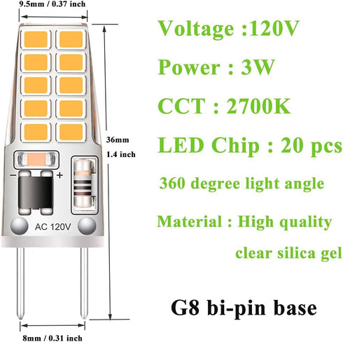 5 Pack G8 LED Bulb Soft White 2700K 120V 3W Equivalent to G8 Halogen Bulb 35W T4 JCD Type GY8.6 Bi-Pin Base, Non-dimmable for Under Cabinet Light, Under Counter Kitchen Lighting by KAPATA