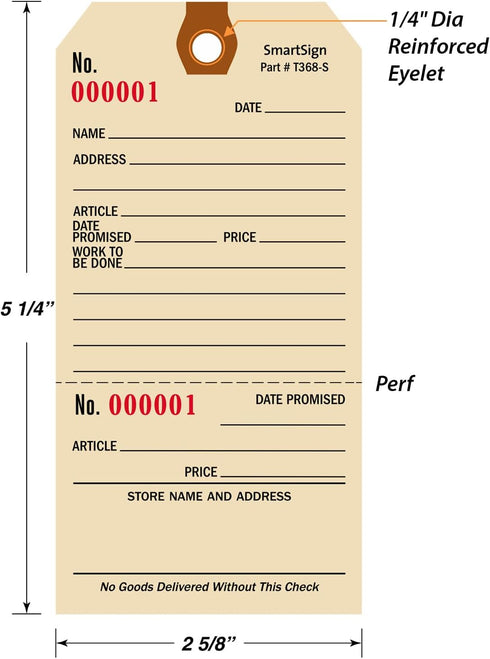 SmartSign 5.25 x 2.625 inch Numbered Repair Tags (Pack of 100) with Pre-Attached String, 10 Point Manila Cardstock