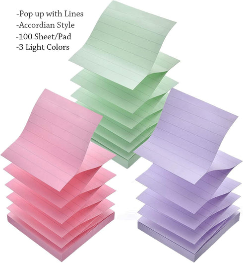 Lined Pop Up Sticky Note 3x3 inch, 6 Pack Accodian Stlye Self-Sticky Notes with Lines, Light Green Pink Purple Color, 100 Sheet/Pad Easy Post
