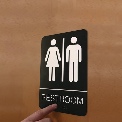 Unisex Braille Restroom Sign - 9 x 6 Inch with Graphical Symbols and Double Sided 3M Tape (Black)