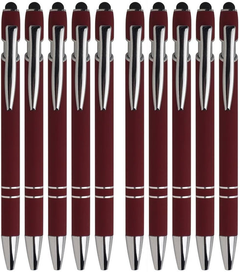 Retractable Ball Point Pens with Stylus Tip, Medium Point Soft Touch Metal Matt Wine Red Barrel, Black Ink, 10 Count