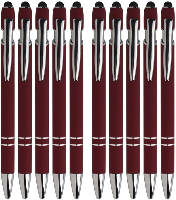 Retractable Ball Point Pens with Stylus Tip, Medium Point Soft Touch Metal Matt Wine Red Barrel, Black Ink, 10 Count