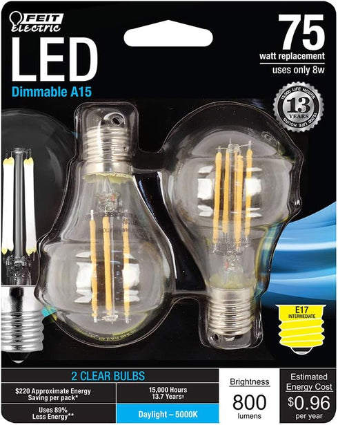 A15 Bulb, 75W Dimmable, E17 5000K 15,000-Hour BPA1575N/850/FIL/2, 2 Pack Feit Electric Glass Filament LED Light