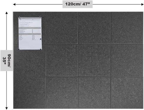 Black Cork Board 47"x35" - 12 Pack Felt Wall Tiles with Removable Adhesive Tabs, Large 48 x 36 inches