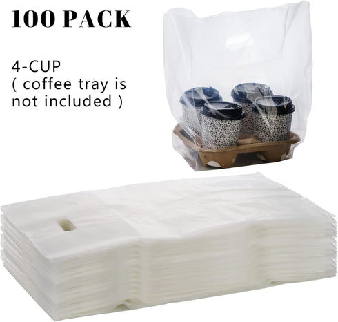 100 4-Cup 9"L 17"H Packaging DEAYOU PCS Large Handle Drinking Poly Bag, Clear Cup Carrier for Coffee Tray, x Plastic