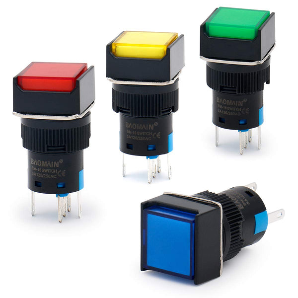 Baomain 4-Pack Push Button Switch - 5/8 inch 16mm - Momentary Square Cap - DC 12V SPDT 5 Pin, LED Lamp Colors