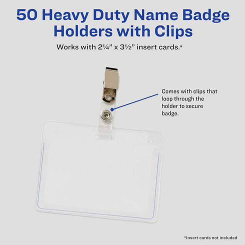 Avery Heavy Duty Badge Holders, 50 Horizontal Name Badge Holders with Clips, 2.25" x 3.5" (2921)