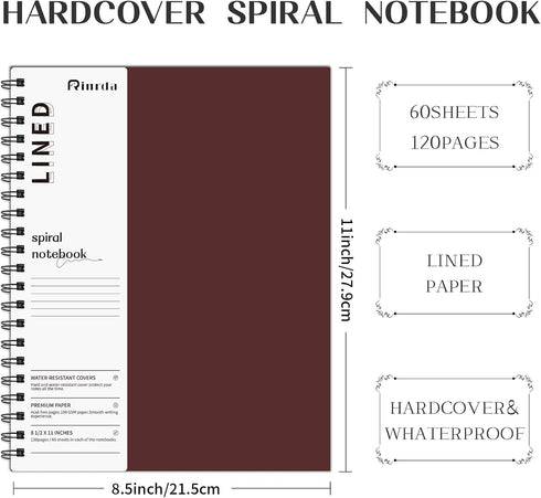 Lined Notebook Spiral Notebook 8.5" x 11"-4 Pack Large Journal Hardcover Notebook 7mm College Ruled Notebook 120 Pages 100 GSM Thick Hardcover Journal for School (LINED, Mult-color)