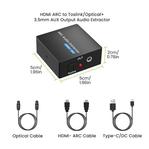 Tihokile 192KHz Toslink/Optical+3.5mm Speaker/Soundbar/Headset ARC Audio Extractor, HDMI ARC to AUX Output, HDMI