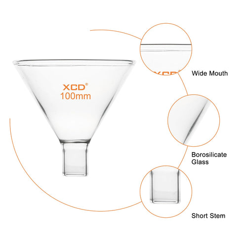 XCD Glass Powder Funnel, Borosilicate Glass Heavy Wall Short Stem Funnel for Precise Powder Transfers