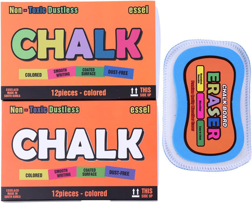 Essel Non-Toxic Dustless Chalk (12 Colored, 12 White) & Microfiber Chalkboard Eraser - Washable & Reusable