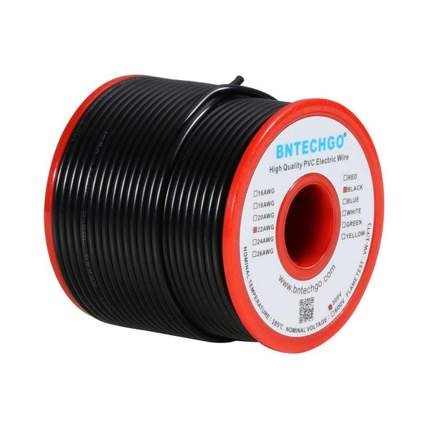 BNTECHGO 22 Gauge PVC 1007 Solid Electric Wire, Black, 100 ft, 22 AWG Hook Up Tinned Copper Wire