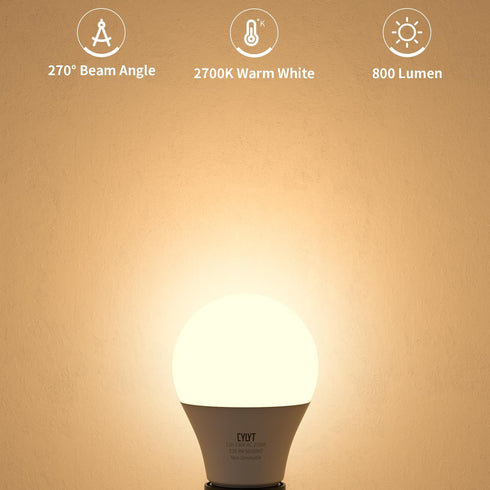 Light Bulbs 60 Watt Equivalent Solt White 2700K, E26 A19 LED Light Bulb 9W 800 Lumen, Focos LED para Casa, 120V 60HZ Lightbulbs for Indoor Outdoor, Non-Dimmable, 4-Pack by CYLYT