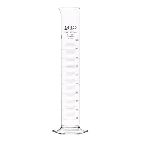 EISCO Graduated Cylinder, 1000ml - Class A Tolerance ±5.00ml, Hexagonal Base, Borosilicate Glass