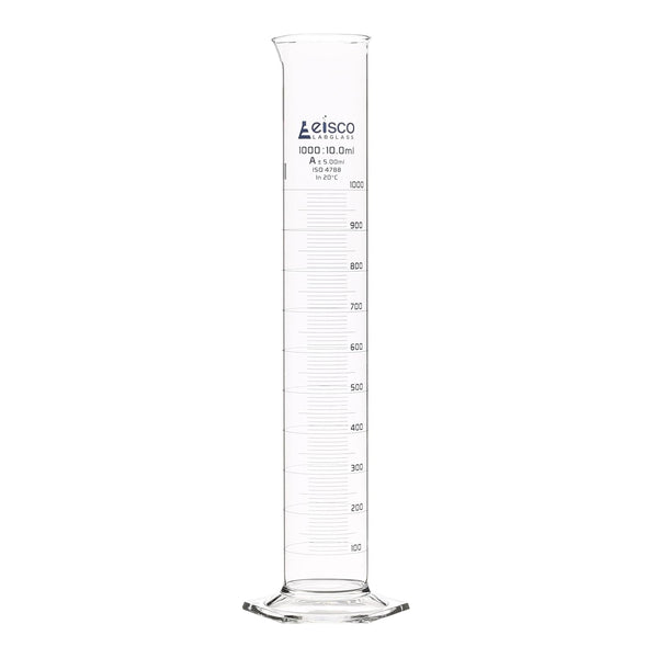 EISCO Graduated Cylinder, 1000ml - Class A Tolerance ±5.00ml, Hexagonal Base, Borosilicate Glass