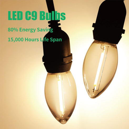 Meconard C9 LED Replacement Christmas Light Bulb, 25 Pack, Shatterproof, E17 Base, Commercial Grade, Warm White