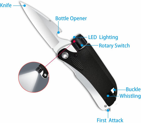 Led Mini Flashlight 6-in-1 Utility Folding Pocket Knife, Multi-Function Emergency Tool for Hiking, Camping