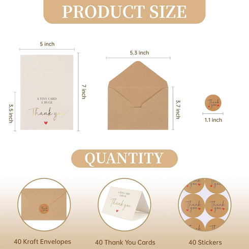 ZestHub 40 Pack 5x3.5 Inchs Small Thank You Cards, Mini Gold Foil Thank You Notes Bulk with Envelopes and Stickers