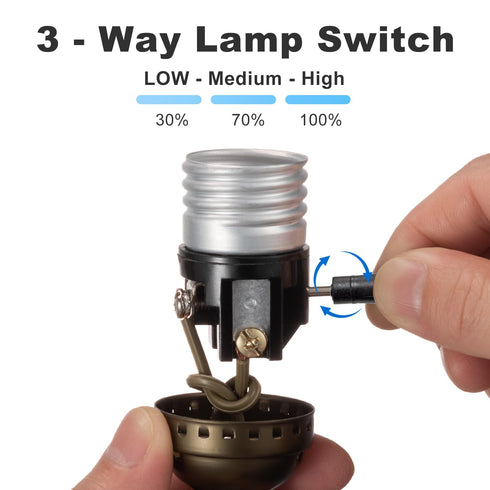 3 Way Lamp Socket Replacement - E26 Threaded Base with Turn Knob for Table & Floor Lamps (Antique Brass)