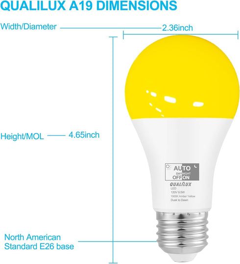 Dusk to Dawn Bug Light Bulbs, 9.5W LED, 1900K Amber Yellow, 600 Lumen, A19 E26, 4-Pack, HQ-H018