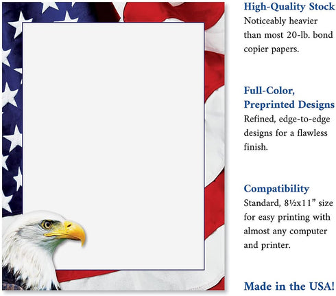 Set 25, 8 1/2" 11", 4th American Eagle Patriotic Letter Papers - of American Flag stationery papers, x compatible