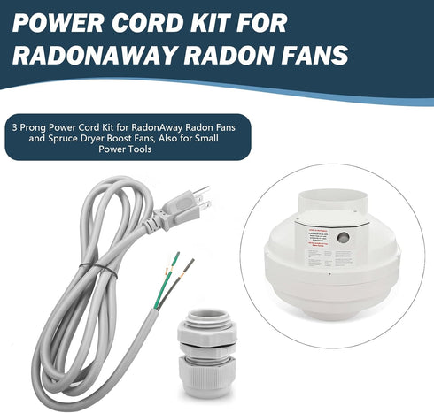 6Ft 3 Prong Power Cord Kit for RadonAway Radon Fans and Spruce Dryer Boost Fans, 18 Gauge Power Cord Also for Small Power Tools