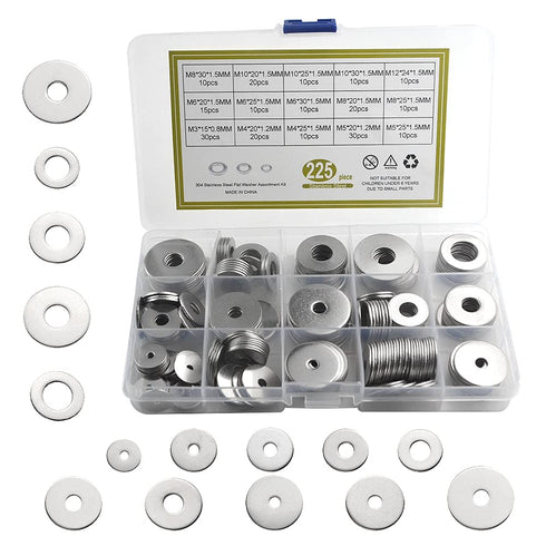 XINGYHENG 225pcs 7 Kinds 304 Stainless Steel Flat Washers Assortment Kit for Home Decoration & Repair