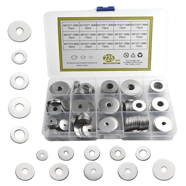 XINGYHENG 225pcs 7 Kinds 304 Stainless Steel Flat Washers Assortment Kit for Home Decoration & Repair