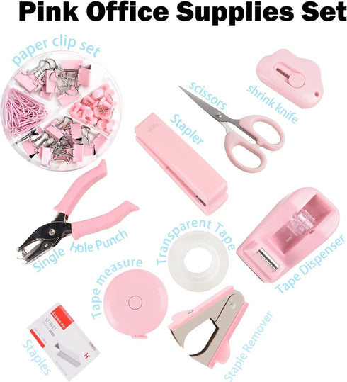 Desk Accessory Kit Includes Stapler Staples Staple Remover Tape Dispenser Transparent Tape Scissors Push Pins Paper Clips Binder Clips Single Hole Punch Telescopic Knife Tape Measure (Pink) by ChezMax