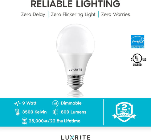 LUXRITE A19 LED Bulb, 60W Equivalent, 6 Pack, 3500K Natural White, 800 Lumens, Dimmable, E26 Medium Base