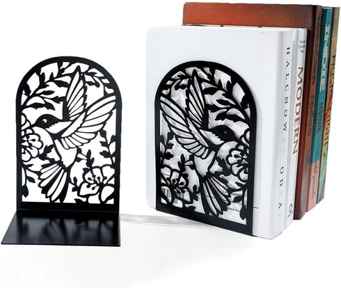 NDEMl Hummingbird Black Silhouette bookend, Creative Metal Hollow Bookstand, Bookshelf Folder for Desktop Study Storage