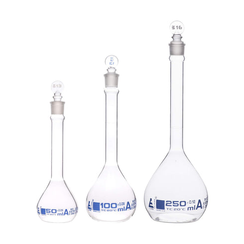 EISCO Premium Volumetric Flask Set - 50ml, 100ml & 250ml - Class A, ASTM E288 - Borosilicate 3.3 Glass with Penny