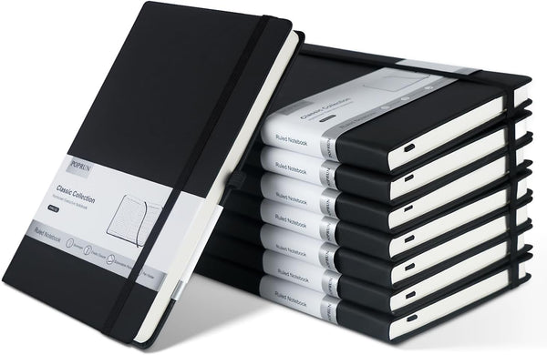 POPRUN 8 Pack Waterproof Leather Hardcover Lined Journal Notebooks, A5 Classic College Ruled for Writing, 5.5 x 8.3