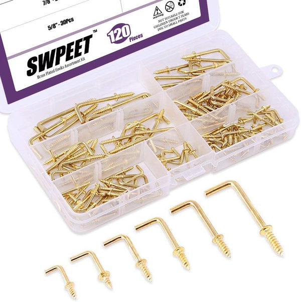 Swpeet 120Pcs Gold Brass Plated Metal Screw-in Square Bend Hooks Kit - 6 Sizes for Home Workplace Office